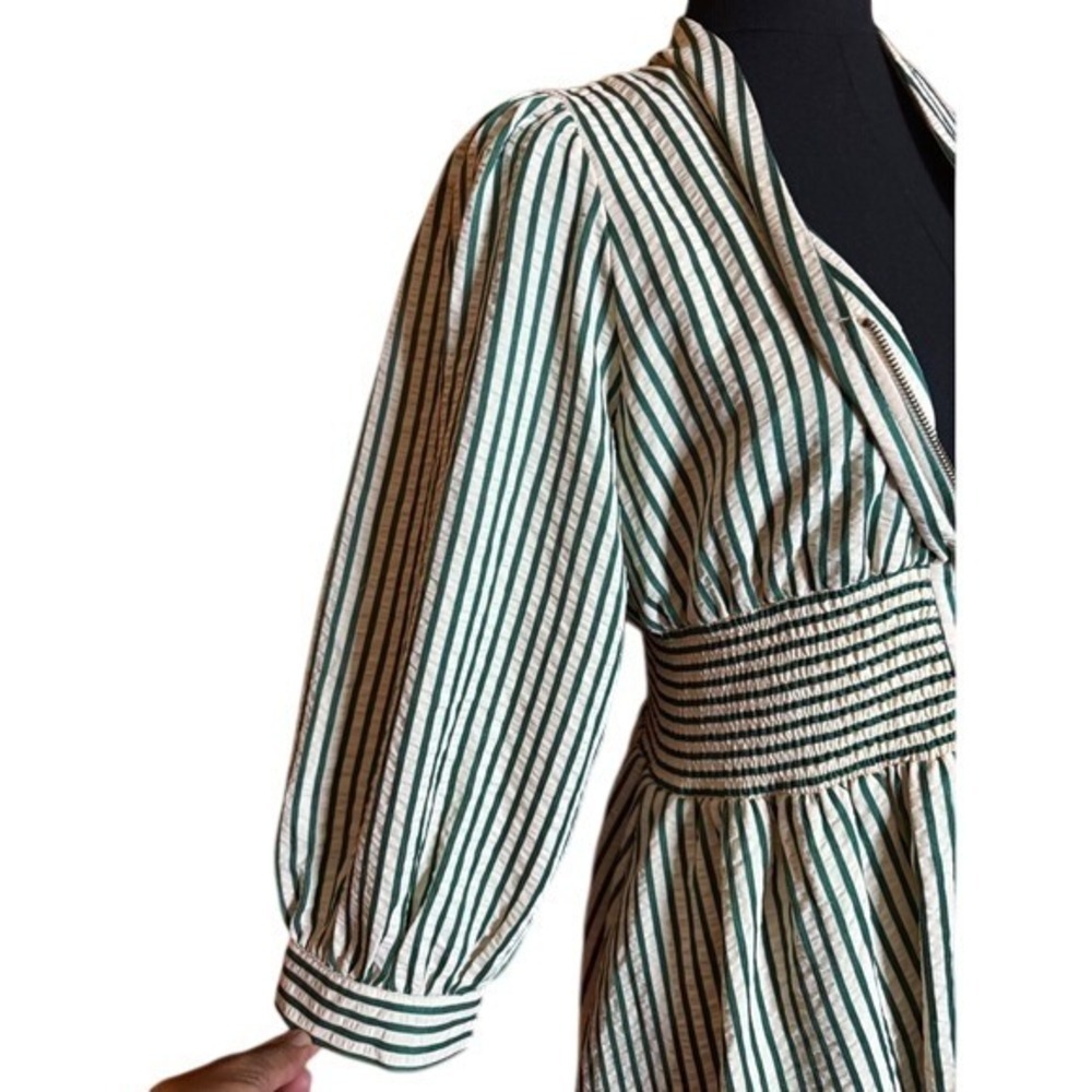 Entro Green White Striped Smocked Waist Puff Sleeve Zipper Front Midi Dress M - Picture 5 of 11